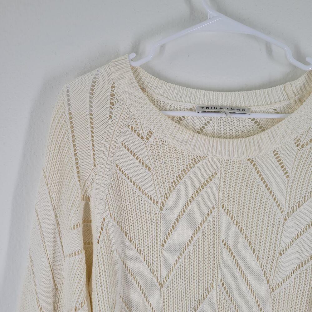 Trina Turk Cottage BOHO Cable Knit Sweater Womens Small Cream Cotton Modal - Picture 2 of 9